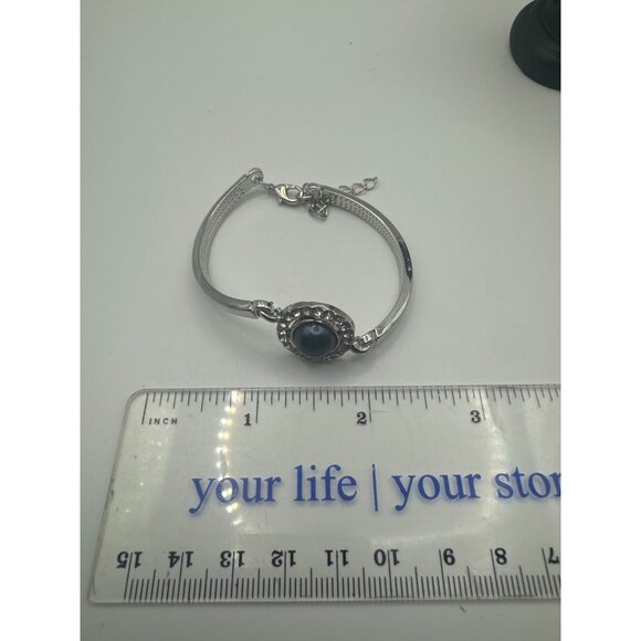 Silver Tone Bangle Bracelet With Blue Stone & Rhinestone Accents Lobster Clasp - Picture 6 of 6